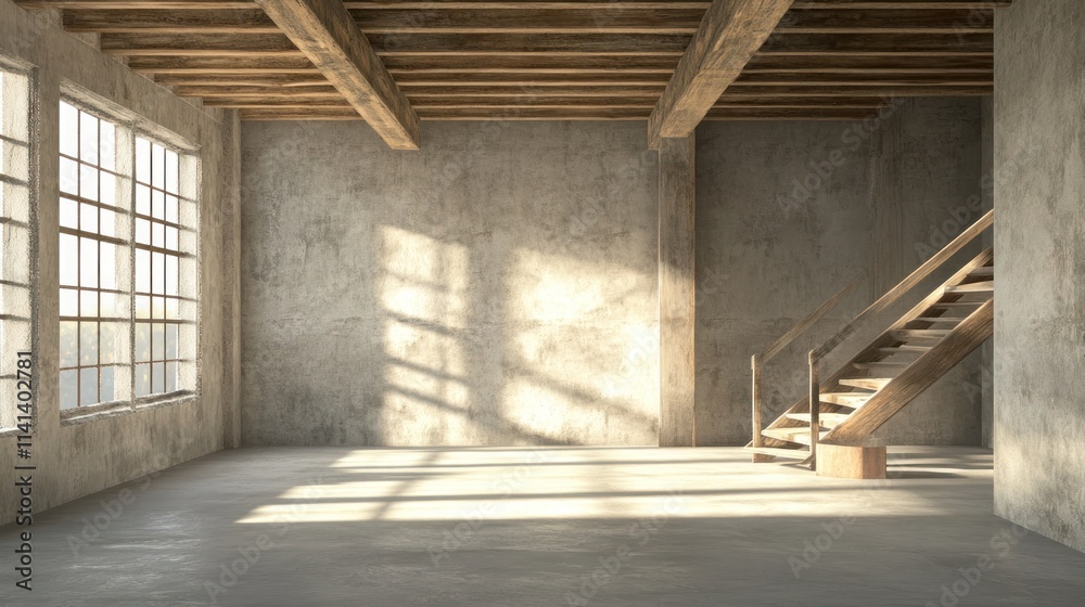 Empty room with light, stairs, exposed beams, cement walls, concrete floor. Empty room with light, stairs, exposed beams, cement walls, concrete floor.