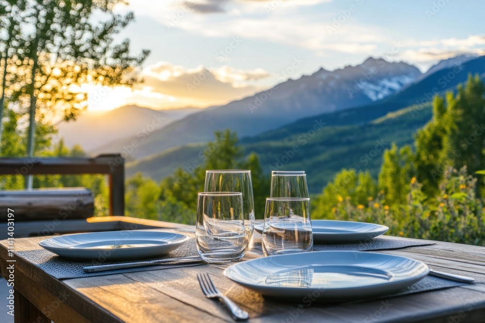 Fototapeta premium Table setting at scenic mountain sunset.