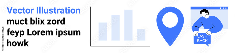 Bar graph analytics, location pin and person with cashback sign on screen. Ideal for retail, marketing, online shopping, business strategy, location services, financial rewards, customer engagement Bar graph analytics, location pin and person with cashback sign on screen. Ideal for retail, marketing, online shopping, business strategy, location services, financial rewards, customer engagement
