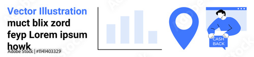 Free Download Bar graph analytics, location pin and person with cashback sign on screen. Ideal for retail, marketing, online shopping, business strategy, location services, financial rewards, customer engagement - GFXLoad