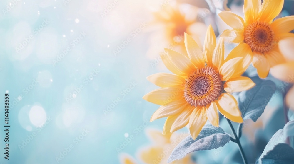 Obraz premium Sunflowers blossom in bokeh with light blue background.