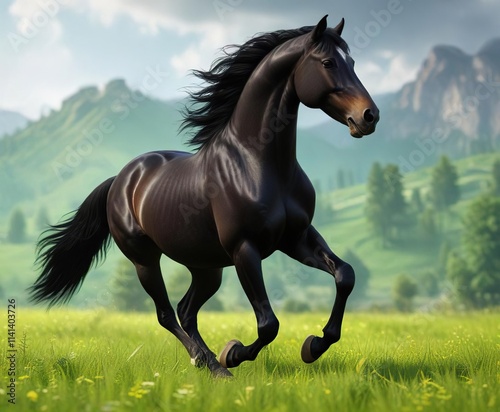 Elegant black stallion prancing in a green meadow, green grass, animal wildlife, outdoor activities
