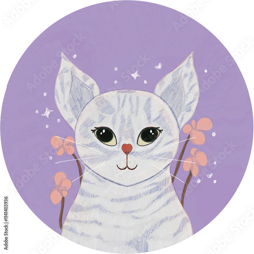 hand drawn cat illustration in PNG format with purple background. pet clip art for design with a whimsical and enchanting animal theme