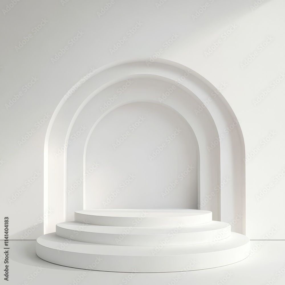 Minimalist cascading white podium with subtle gradients, infinite white background, sleek luxury Minimalist cascading white podium with subtle gradients, infinite white background, sleek luxury