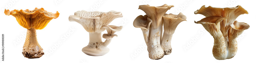 Collection of Diverse Varieties of Edible Mushrooms on White Background Collection of Diverse Varieties of Edible Mushrooms on White Background