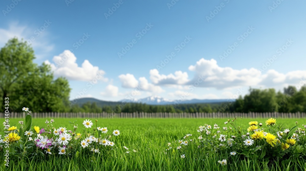 Lush green field with vibrant flowers and distant mountains. Lush green field with vibrant flowers and distant mountains.
