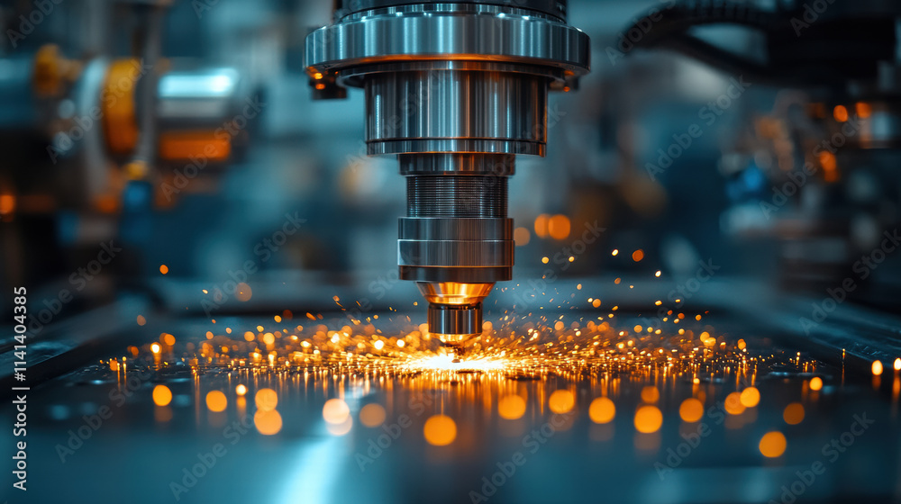 Close up of CNC machine cutting metal with sparks flying in high tech workshop Close up of CNC machine cutting metal with sparks flying in high tech workshop