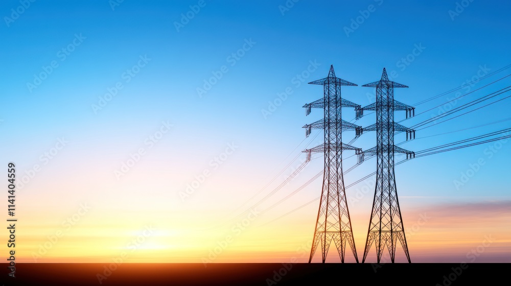 Power lines silhouetted against a colorful sunset sky. Power lines silhouetted against a colorful sunset sky.