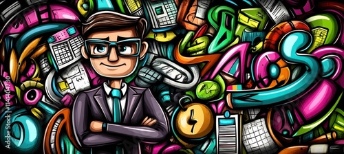 Cartoon businessman with vibrant abstract graffiti background, wearing glasses.