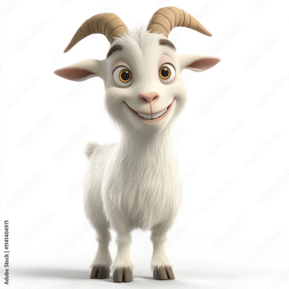 Cartoonish goat with white fur and a cheerful smile, isolated on white. Cartoonish goat with white fur and a cheerful smile, isolated on white.