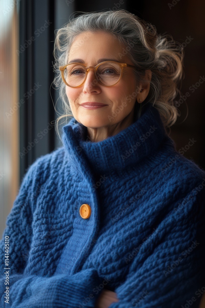 A woman in a blue sweater with a button on the front A woman in a blue sweater with a button on the front