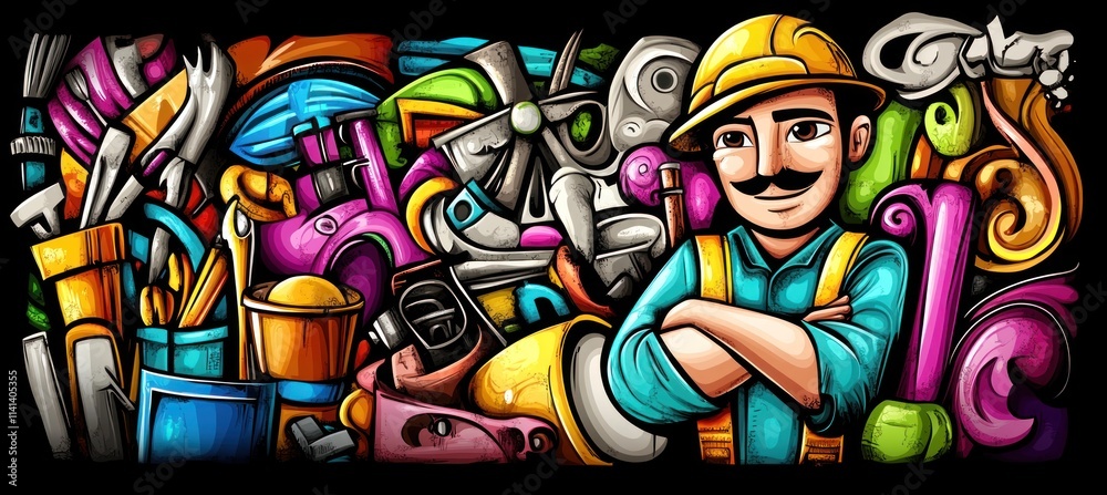 Obraz premium Cartoon handyman with tools and abstract background.