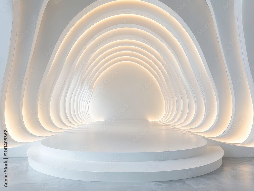 Fototapeta premium Symmetrical abstract white podium with integrated lights, pure white luxury backdrop, innovative design
