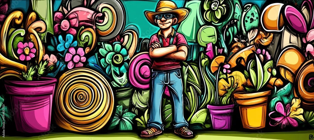 Fototapeta premium Cartoon gardener with colorful plants.