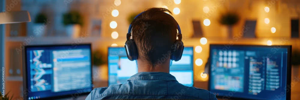 A person wearing headphones sits in front of multiple monitors, immersed in work or gaming, with warm lighting and plants in the background.