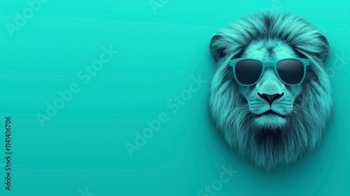 A cool lion sporting sunglasses against a vibrant turquoise background, exuding confidence. photo