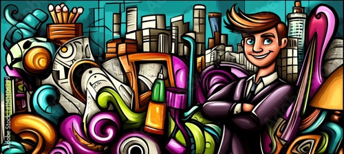 Cartoon businessman with city backdrop and colorful graffiti.