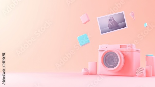 Pink camera with floating photo and geometric shapes.
