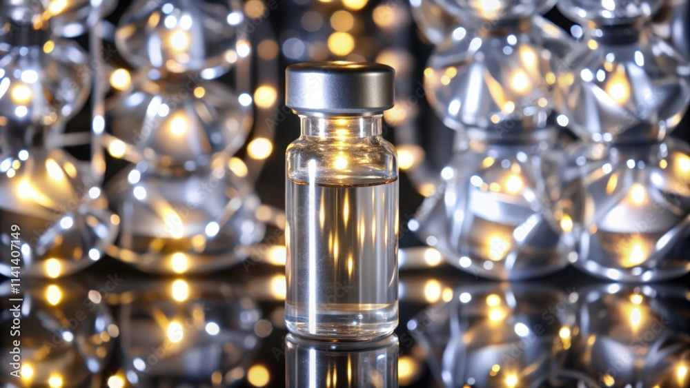 A Glass Vial of Liquid with a Silver Cap Against a Background of Blurred Lights A Glass Vial of Liquid with a Silver Cap Against a Background of Blurred Lights