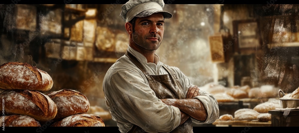 Baker posing in bakery with fresh loaves. Baker posing in bakery with fresh loaves.