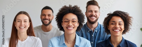 A cheerful group of five diverse individuals smiling together, representing teamwork and camaraderie in a bright, modern setting.