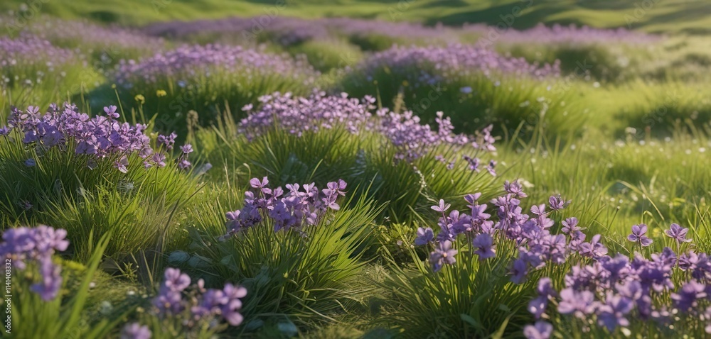 Obraz premium Gentle wind blowing through a field of violet flowers and green grass, floral arrangement, light breeze, serene atmosphere