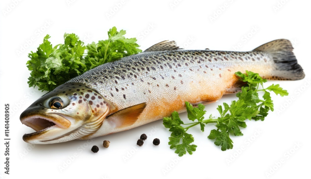 Fresh trout, parsley, and peppercorns on white. Fresh trout, parsley, and peppercorns on white.