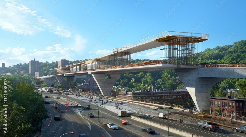 Naklejka premium Elevated train station under construction above a busy highway.