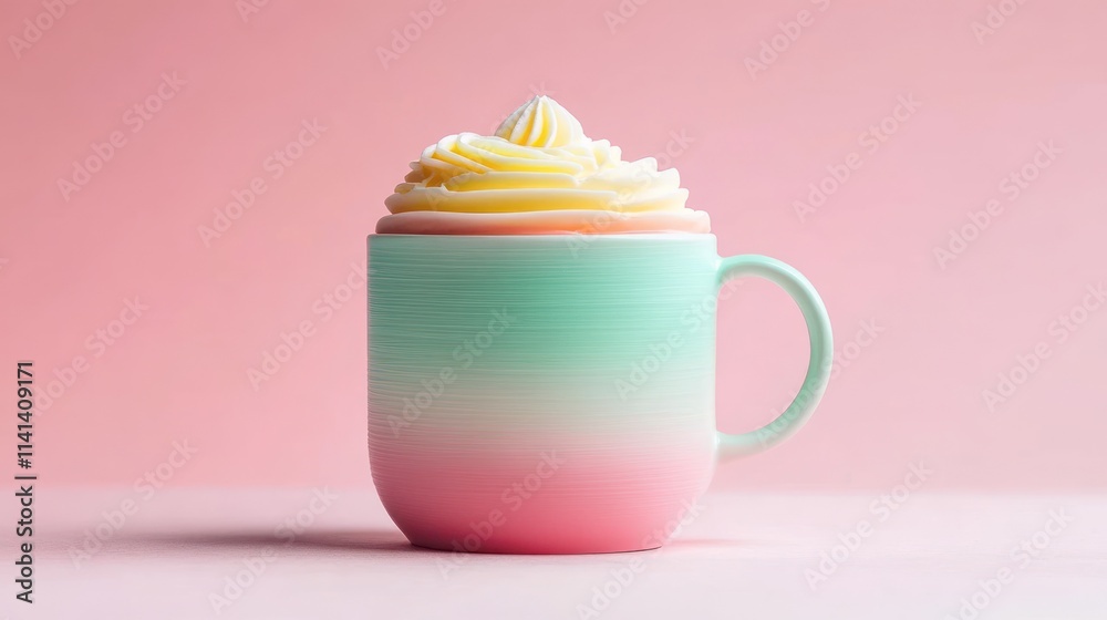 Pastel mug with whipped cream on pink backdrop. Pastel mug with whipped cream on pink backdrop.