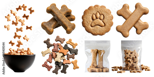 Collection of Bone shaped dog treats pet food biscuits, many angles view stack heap pile, package pack foil, bowl fly scattered drop, on transparent cutout PNG. Mockup template for artwork design	
