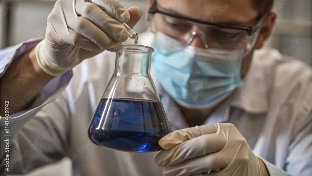 Scientist in Protective Gear Holding a Flask with Blue Liquid Scientist in Protective Gear Holding a Flask with Blue Liquid