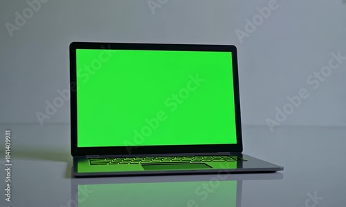 Silver Laptop with Green Screen Display on White Surface