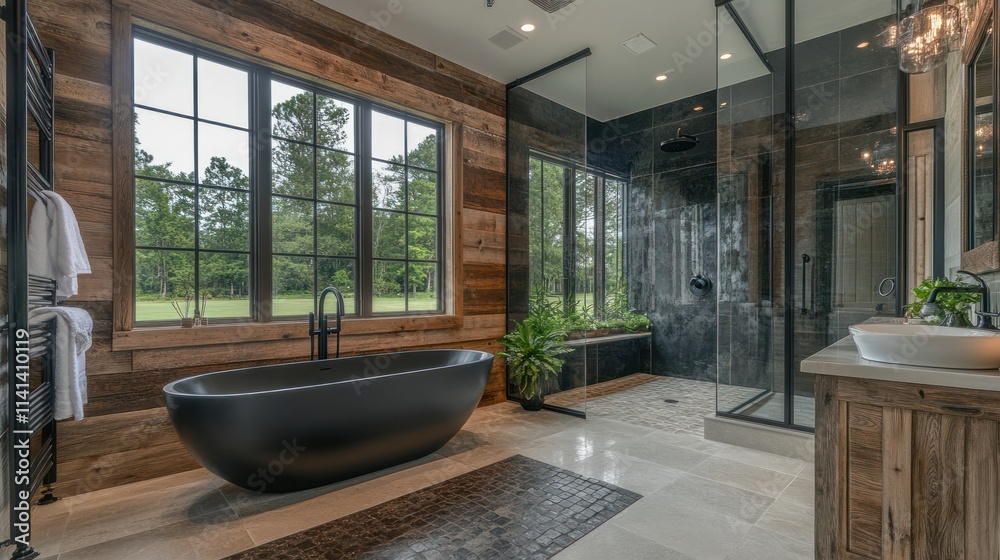 Fototapeta premium Modern rustic bathroom with black tub, shower, wood walls and green view.
