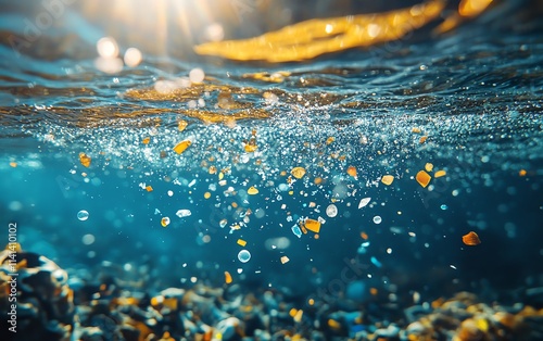 Microplastics suspended in clear water photo