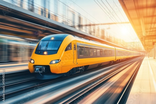 Yellow train moves fast on tracks at station with sunshine.