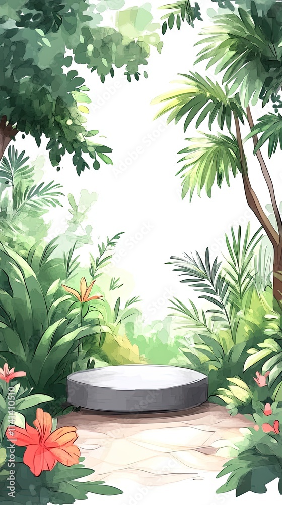 A circular stone platform in a tropical forest with lush green foliage and vibrant flowers.