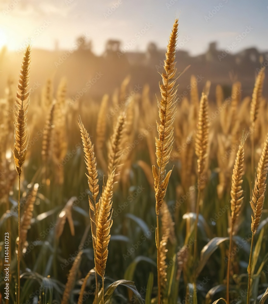 Golden wheat stalks swaying gently in the morning dew, plant life, delicate petals Golden wheat stalks swaying gently in the morning dew, plant life, delicate petals