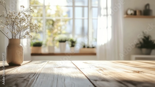 Wooden table with vase  blurred window  sunlight.