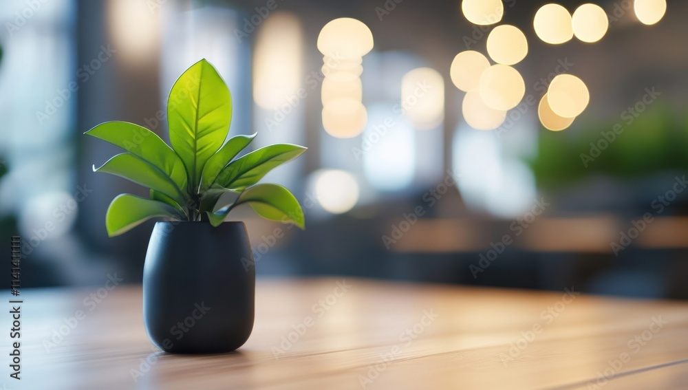 Small plant in black pot on wooden table with blurry lights. Small plant in black pot on wooden table with blurry lights.