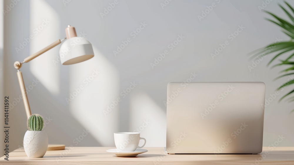 A minimalist workspace featuring a laptop, a cup, a lamp, and a cactus on a wooden table, illuminated by natural light.