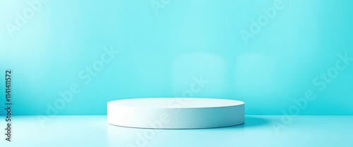 A minimalist photograph of a single, white cylindrical object with a flat top and a slightly reflective surface, centered against a solid, bright turquoise background. The object is positioned on a fl