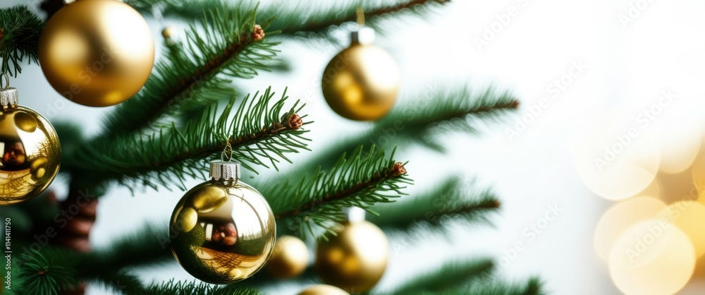 Photograph of a Christmas tree decorated with gold baubles and tinsel, close-up shot, soft lighting, shallow depth of field, blurred background, bokeh effect, festive, holiday, decorations, ornaments, Photograph of a Christmas tree decorated with gold baubles and tinsel, close-up shot, soft lighting, shallow depth of field, blurred background, bokeh effect, festive, holiday, decorations, ornaments,