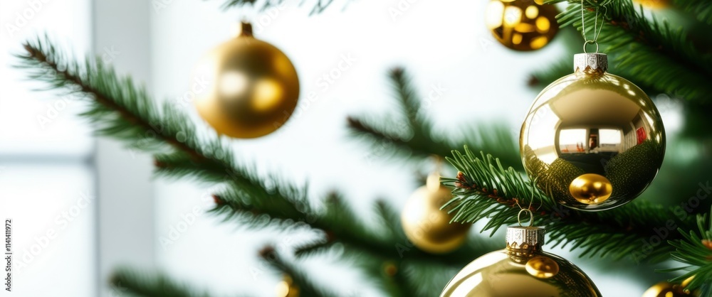 Photograph of a Christmas tree decorated with gold baubles and tinsel, close-up shot, soft lighting, shallow depth of field, blurred background, bokeh effect, festive, holiday, decorations, ornaments, Photograph of a Christmas tree decorated with gold baubles and tinsel, close-up shot, soft lighting, shallow depth of field, blurred background, bokeh effect, festive, holiday, decorations, ornaments,