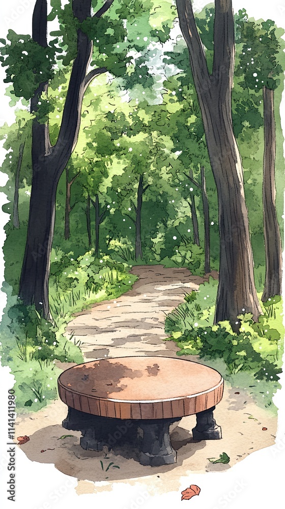 A circular wooden table sits in front of a path leading into a lush green forest. A circular wooden table sits in front of a path leading into a lush green forest.