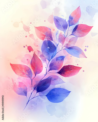 Watercolor Leaves: Branch, Pink, Purple, Blue Hues