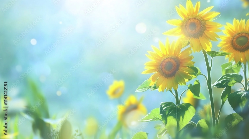 Obraz premium Sunflowers bloom in bokeh effect, bright light, and a dreamy vibe.