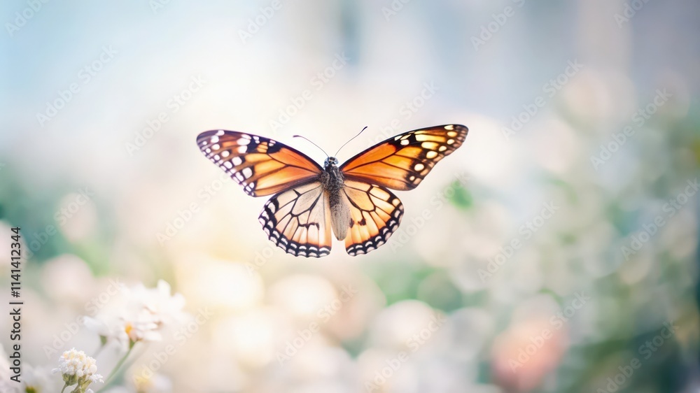Fototapeta premium Monarch Butterfly in Flight with White Flowers Blurred in the Background