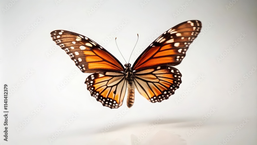 A Monarch Butterfly in Flight, Wings Spread Open, White Background A Monarch Butterfly in Flight, Wings Spread Open, White Background