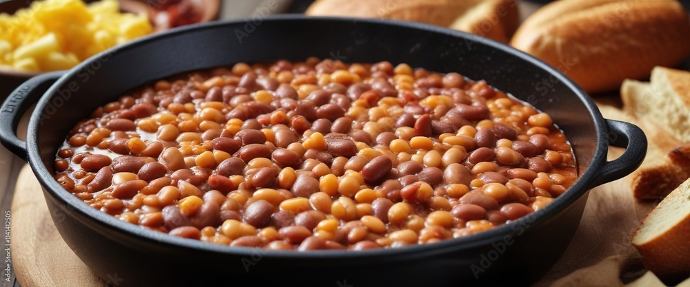 Hearty baked beans in a black cast-iron skillet , rich flavors, rustic cuisine, baked beans Hearty baked beans in a black cast-iron skillet , rich flavors, rustic cuisine, baked beans