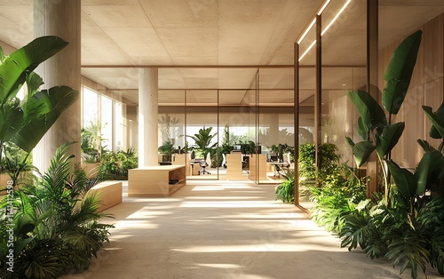 Sustainable office space featuring lush green plants